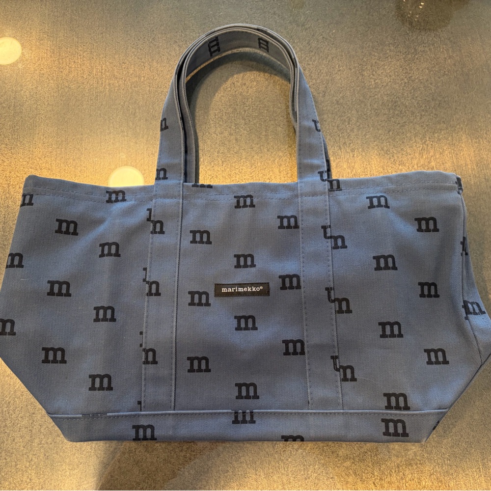 Marimekko Blue M Logo Printed Canvas Tote Bag